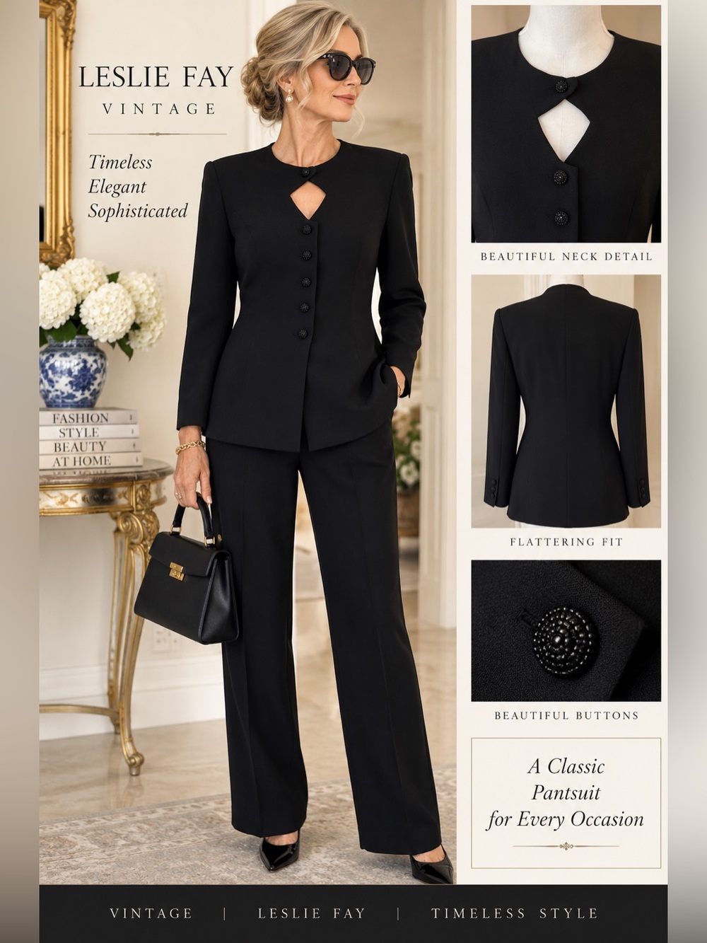 Leslie Fay Black Pant Suit Size 6 Vintage Stunning!!
